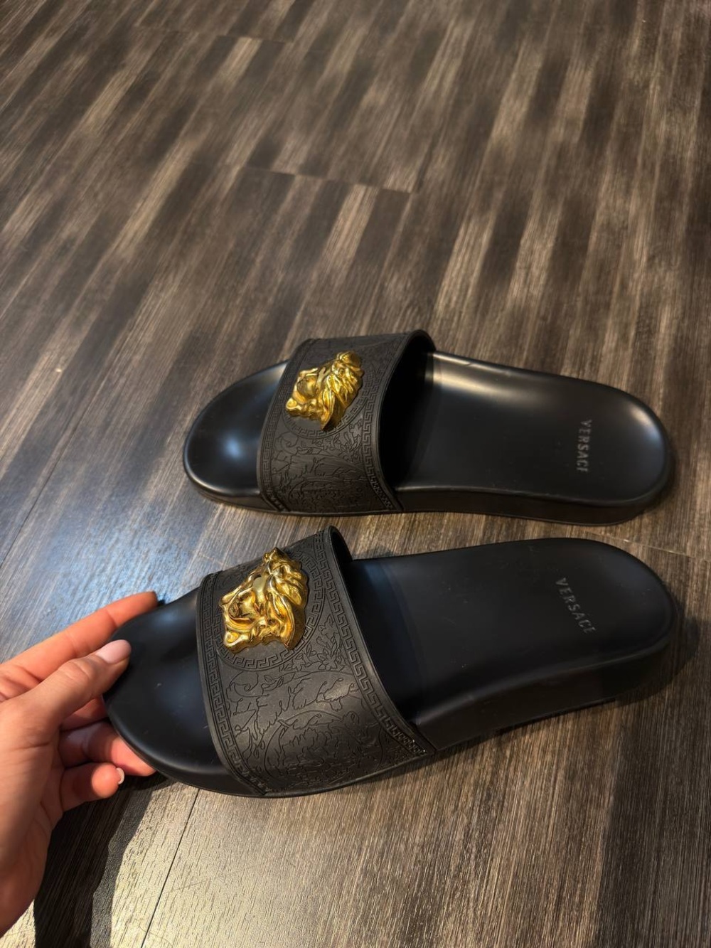 Versace women’s  Black Slide Sandals with Gold Medusa Accent size US 9